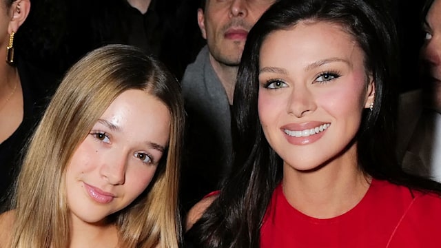 Harper Beckham and Nicola Peltz Beckham at the Victoria Beckham AW24 show during Paris Fashion Week on March 01, 2024 in Paris, France. 