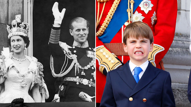 Split image of the Queen and Prince Philip waving and Prince Louis grimacing