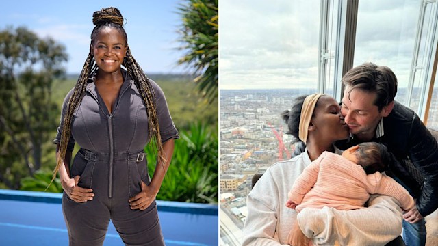 Split image of Oti Mabuse on I'm a Celebrity and cuddling her daughter alongside her husband