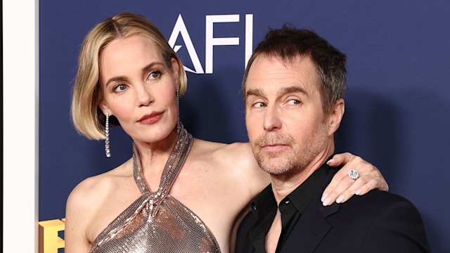 Leslie Bibb and Sam Rockwell attend the 2024 AFI Fest closing night gala premiere of "Juror #2" at TCL Chinese Theatre on October 27, 2024 in Hollywood, California