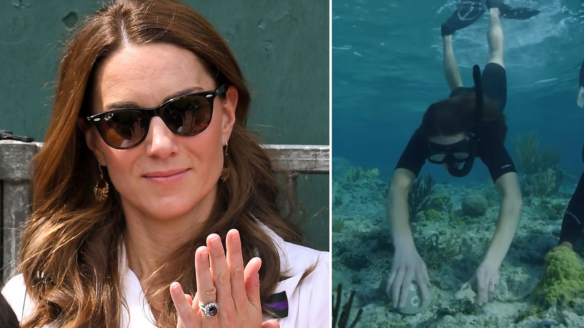 Kate Middleton clapping with sunglasses and diving underwater