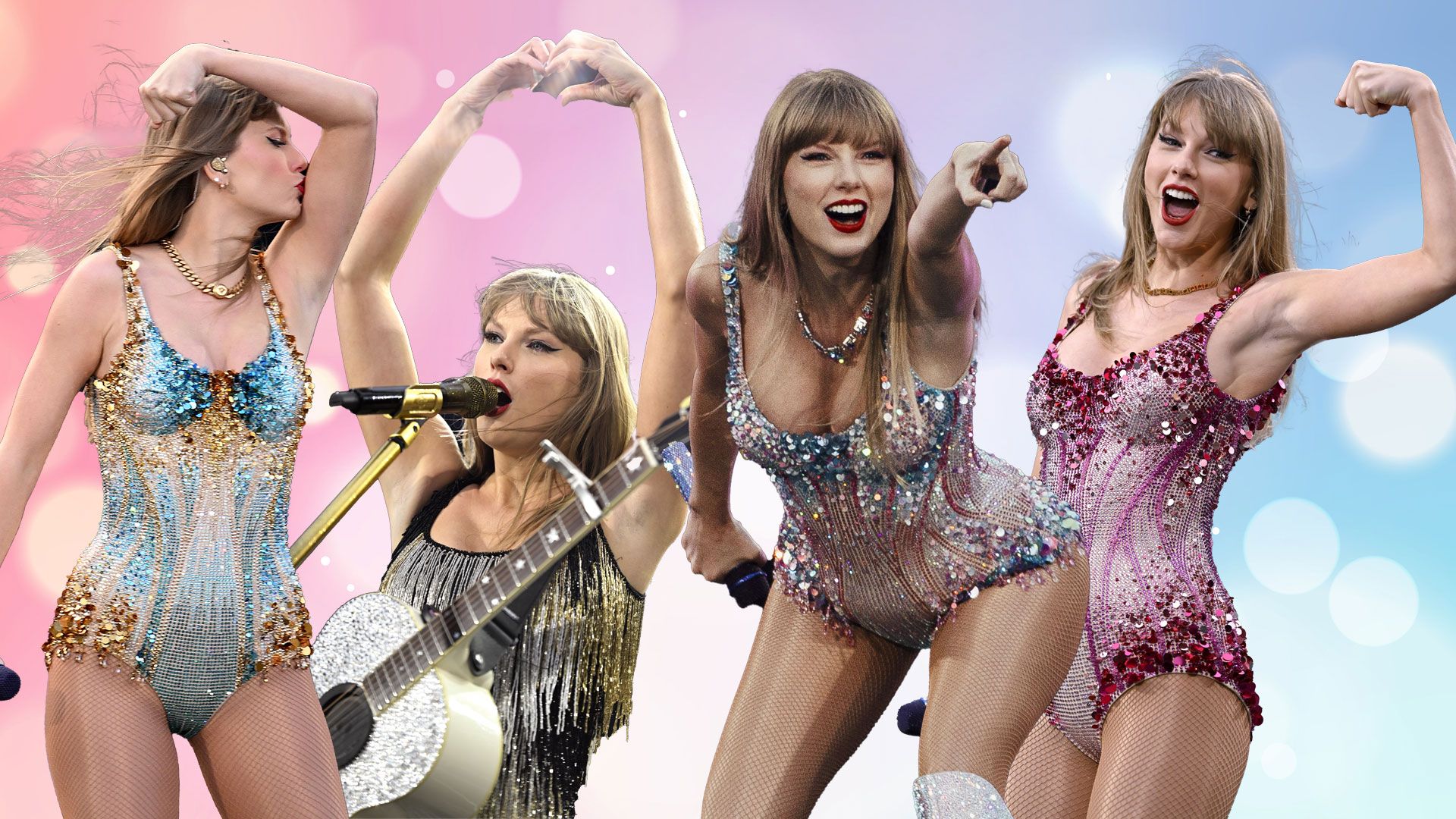 Taylor Swift x4 in sparkly bodysuit on pastel backdrop