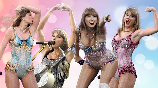 Taylor Swift x4 in sparkly bodysuit on pastel backdrop