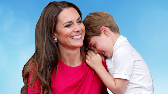 Smiling Princess Kate in pink with Louis who cuddles up to her while giggling