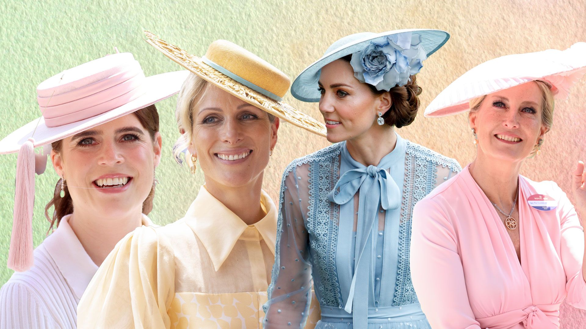 Princess Eugenie, Zara Tindall, Princess Kate, Duchess Sophie against pastel backdrop