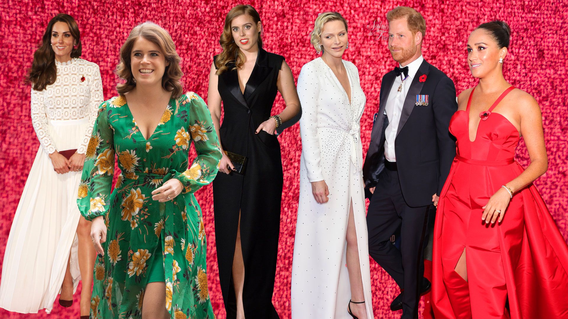kate middleton, princess eugenie, princess beatrice, princess charlene, prince harry and meghan markle on red backdrop