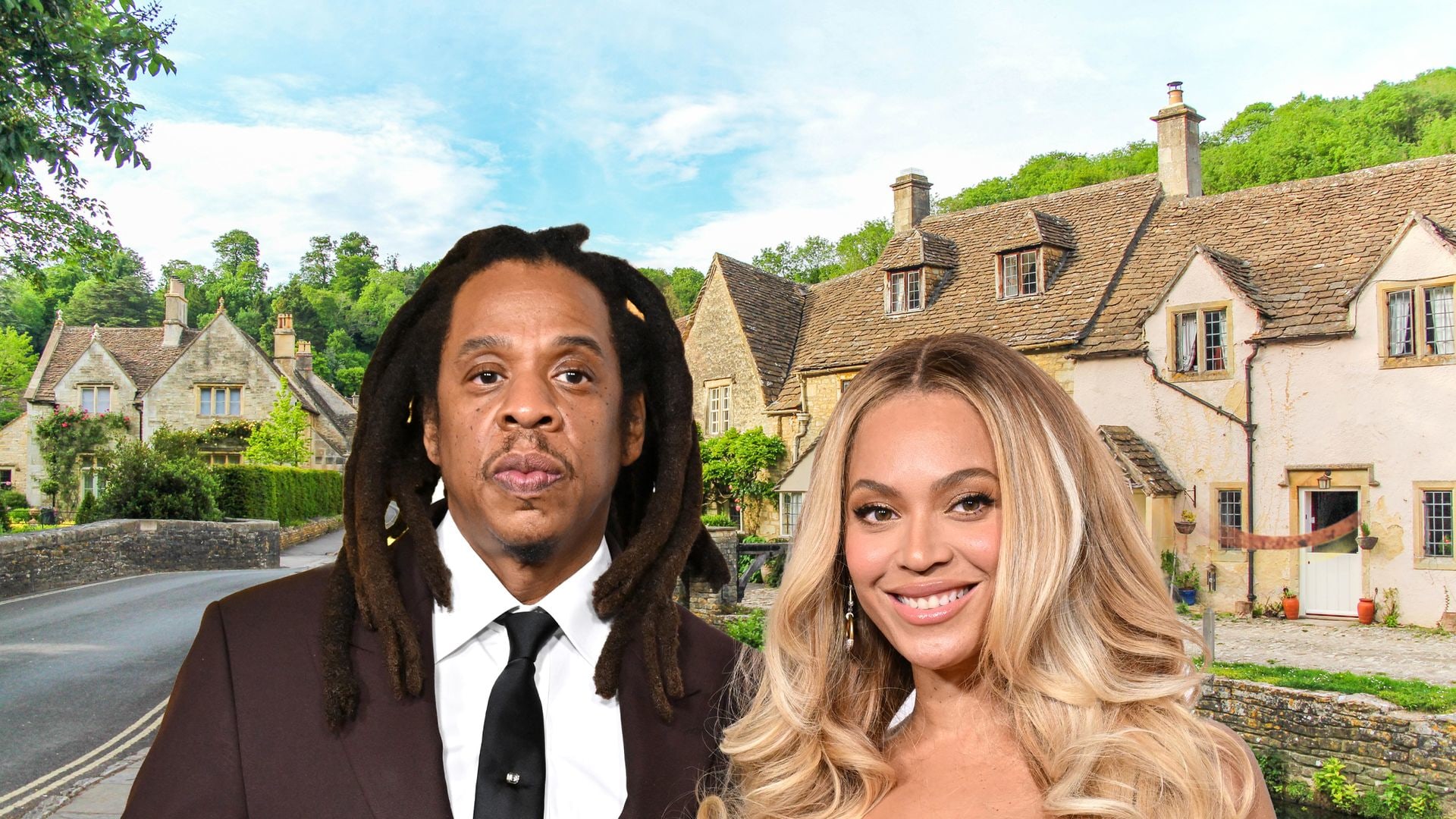 Beyonce and Jay-Z in front of a picturesque view of cottages with Cotswold stone walls in Castle Combe, Cotswolds, England