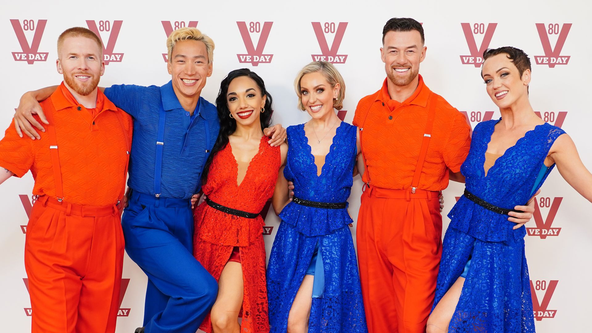 Neil Jones, Carlos Gu, Michelle Tsiakkas, Amy Dowden, Kai Widdrington, Lauren Oakley at VE Day celebrations