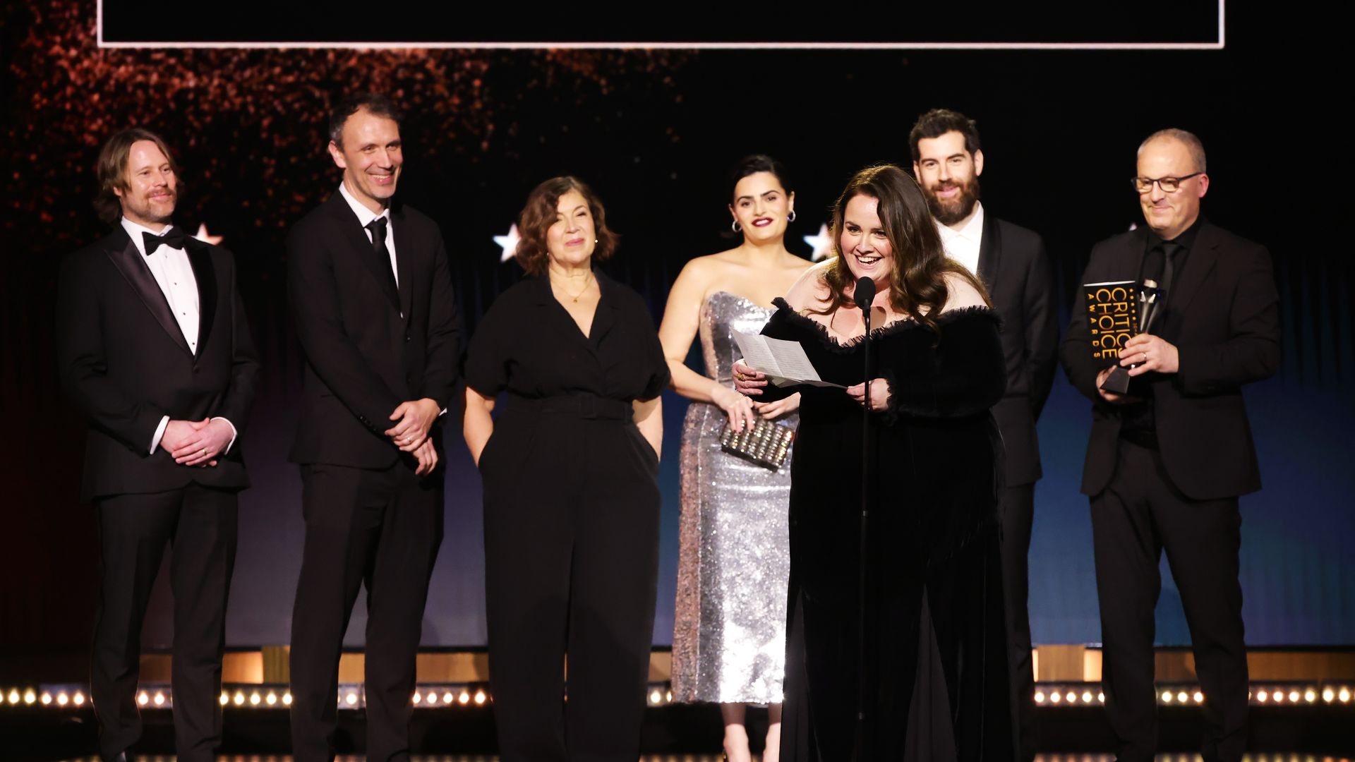 Ian Cooper, Matt Jarvis, Petra Fried, Nava Mau, Jessica Gunning, Ed MacDonald and Wim De Greef accept the Best Limited Series award for "Baby Reindeer" onstage during the 30th Annual Critics Choice Awards at Barker Hangar on February 07, 2025 in Santa Monica, California. 