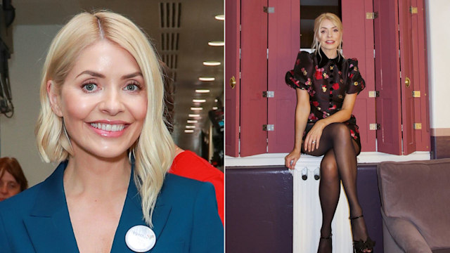 Holly Willoughby in blue suit and mini dress