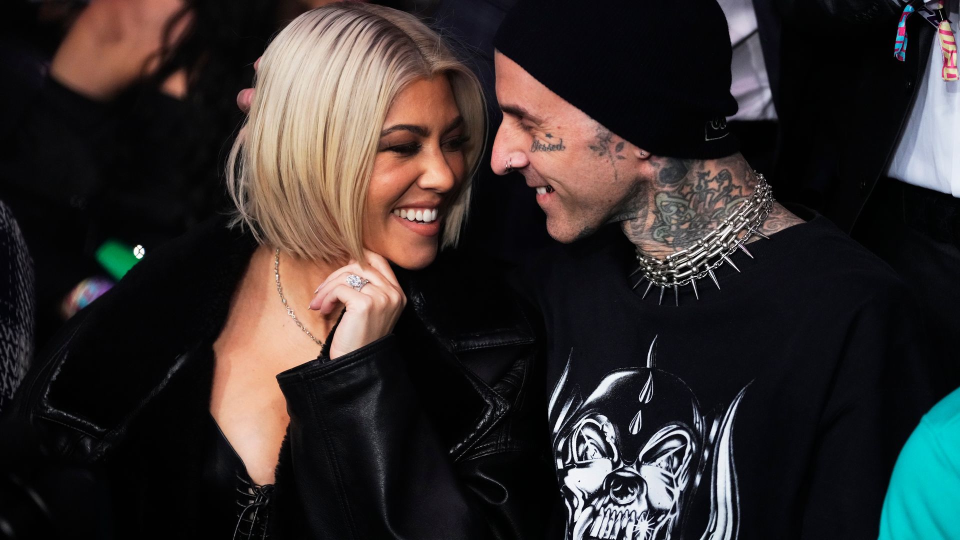Kourtney Kardashian and Travis Barker attend the UFC 285 event at T-Mobile Arena on 