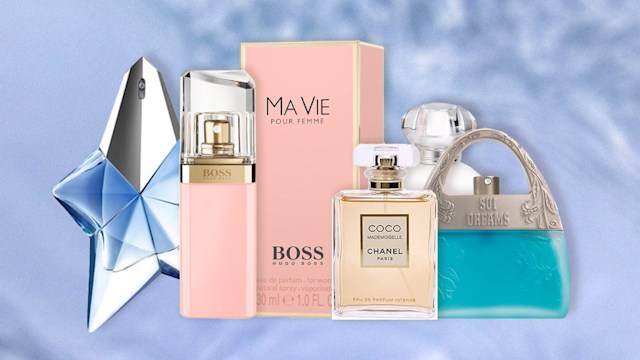 collage of five fragrances on a blue background