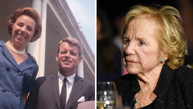 Split image of Robert F. Kennedy and his wife Ethel Kennedy in 1964 and another of her in 2017