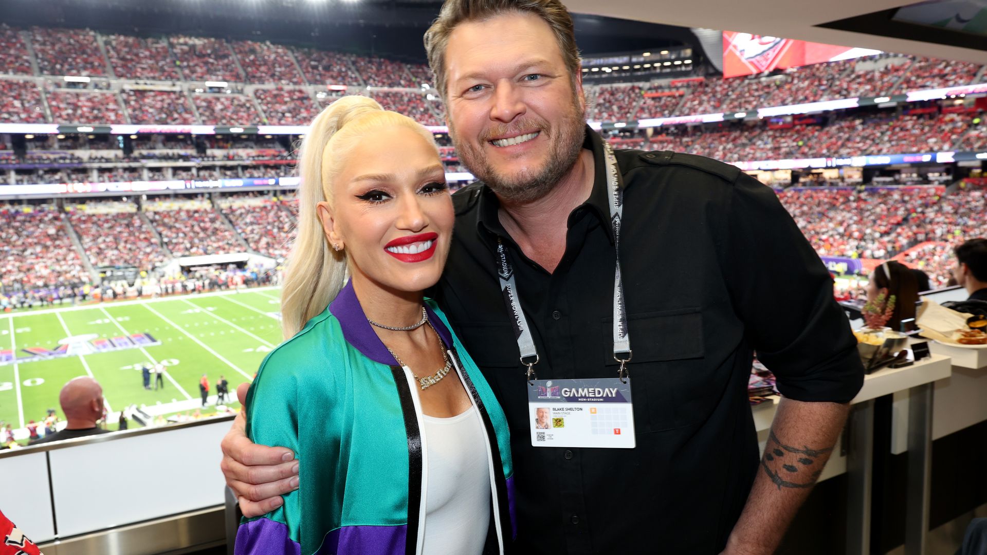 Gwen Stefani and Blake Shelton attend the Super Bowl LVIII Pregame at Allegiant Stadium on February 11, 2024 in Las Vegas, Nevada.