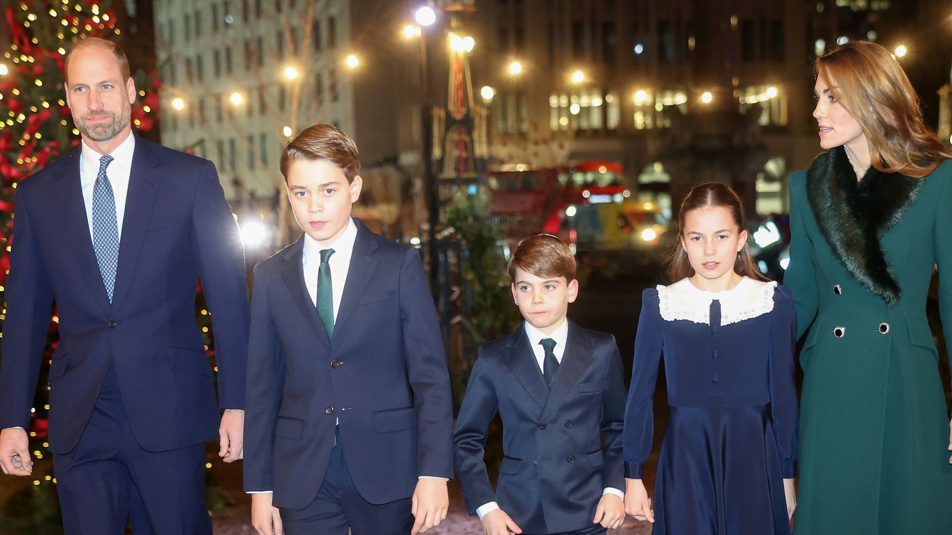 Prince William, Prince of Wales, Prince George of Wales, Prince Louis of Wales, Princess Charlotte of Wales and Catherine, Princess of Wales heading into Westminster Abbey 