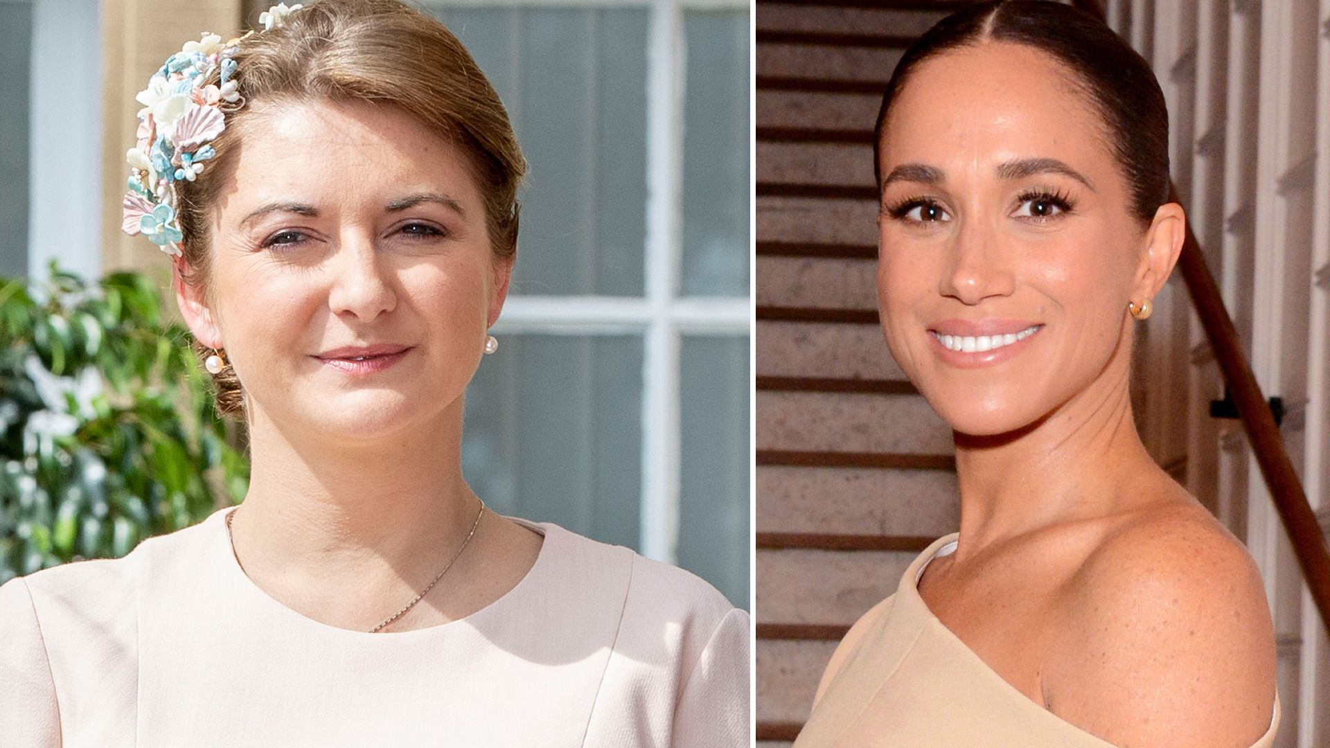 Princess Stephanie in a pink dress and Meghan Markle in front of stairs