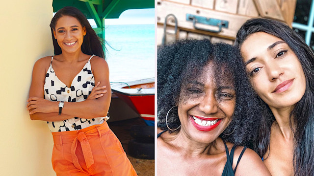 Josephine Jobert in Death in Paradise and with her mum Véronique Mucret Rouveyrollis, split image