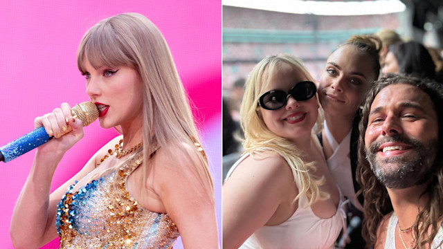 A split image of Taylor Swift and Jonathon Van Ness, Nicola Coughlan and Cara Delevigne