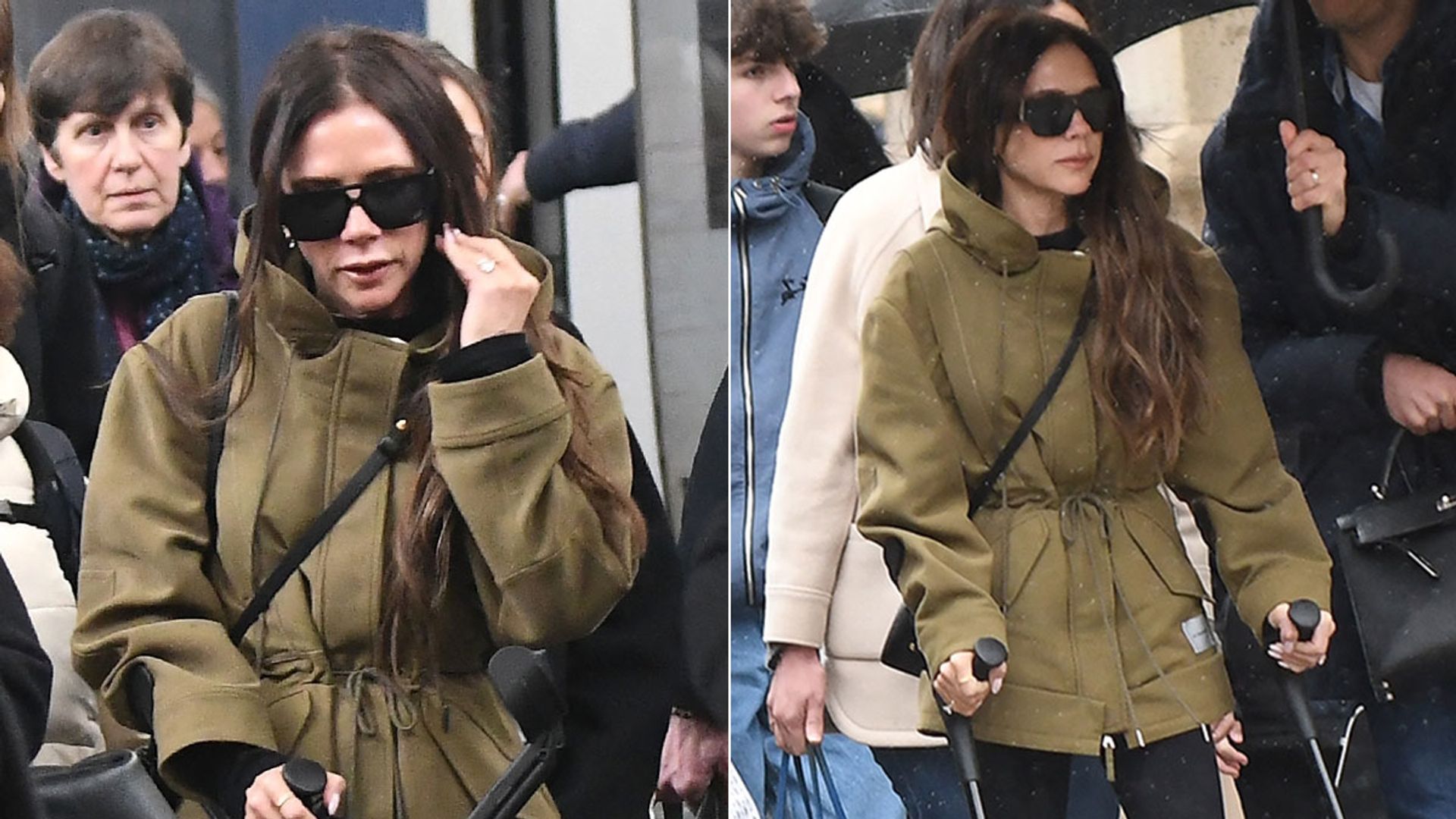 Victoria Beckham hobbles on crutches as she arrives in Paris ahead of fashion  show