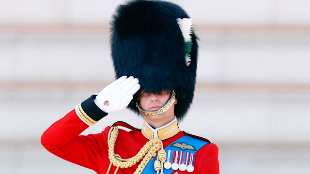 Prince William takes the salute outside Buckingham Palace after carrying out The Colonel's Review at Horse Guards Parade 