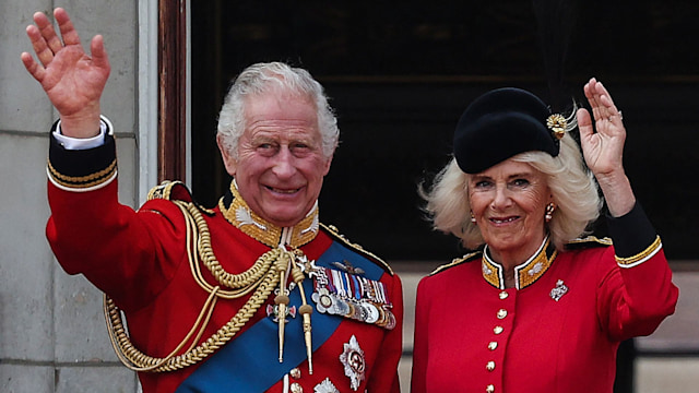 King Charles and Queen Camilla wave at crowds at Trooping the Colour