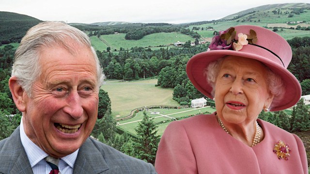 charles and queen elizabeth II with Balmoral background