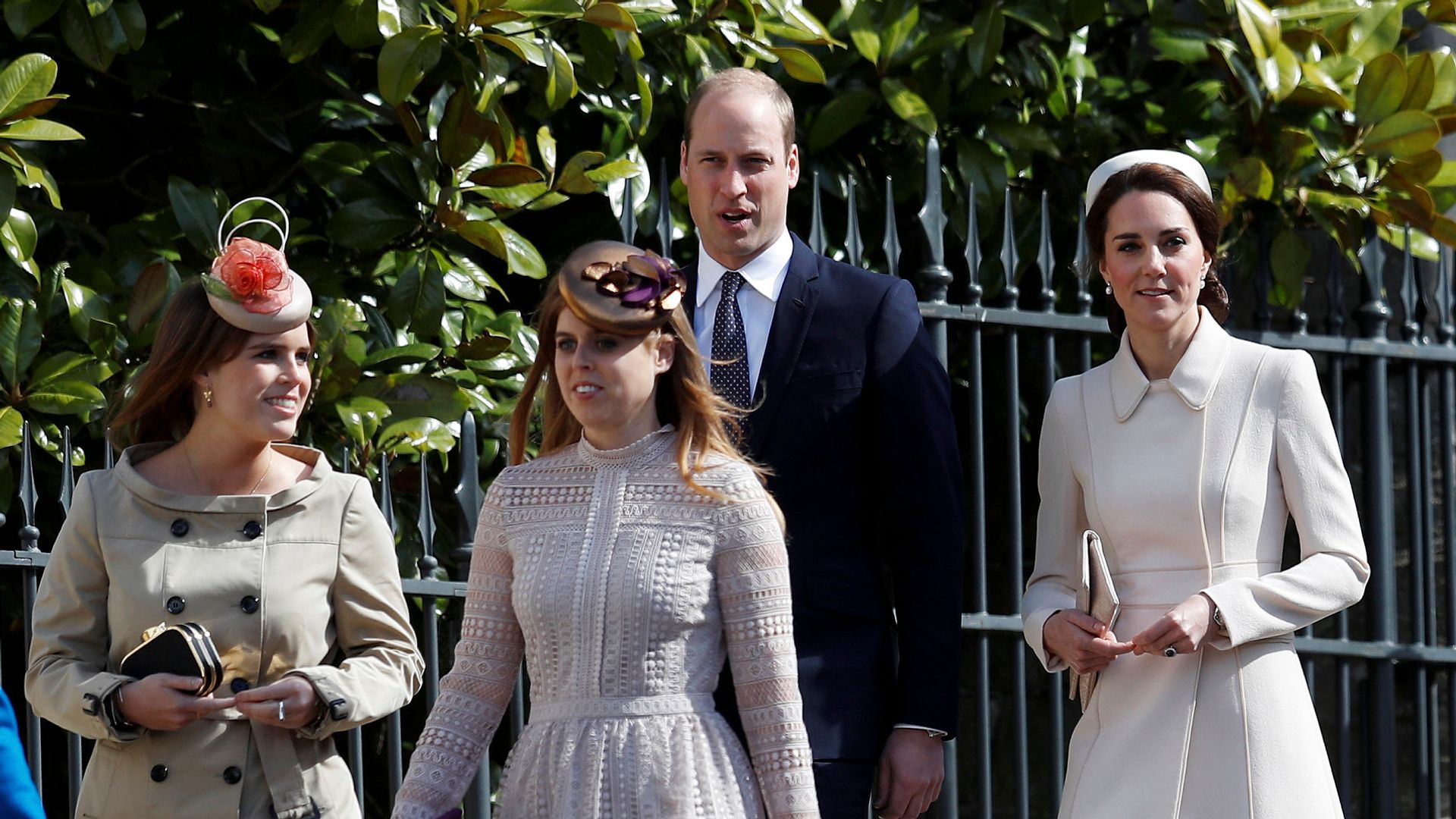 Beatrice and Eugenie walking to Easter Sunday service with William and Kate