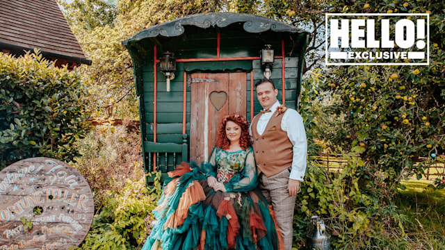 Carrie Hope Fletcher in her green and orange wedding dress