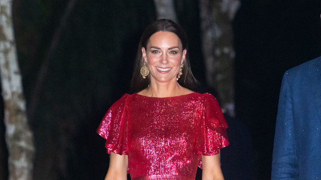 Princess Kate in a long sparkly pink dress