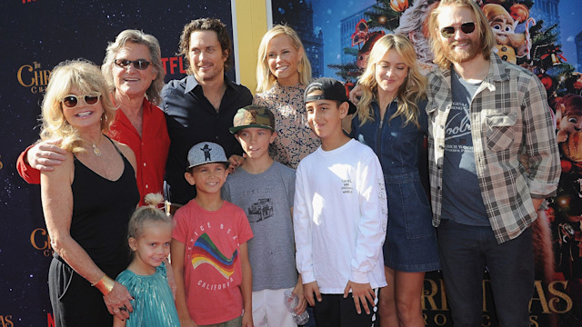 LOS ANGELES, CA - NOVEMBER 18:  Goldie Hawn, Kurt Russell, Oliver Hudson, Erinn Bartlett, Bodhi Hudson, Wilder Hudson, Rio Hudson, Meredith Hagner and Wyatt Russell arrive for the Premiere Of Netflix's "The Christmas Chronicles" held at Fox Bruin Theater on November 18, 2018 in Los Angeles, California.  (Photo by Albert L. Ortega/Getty Images)