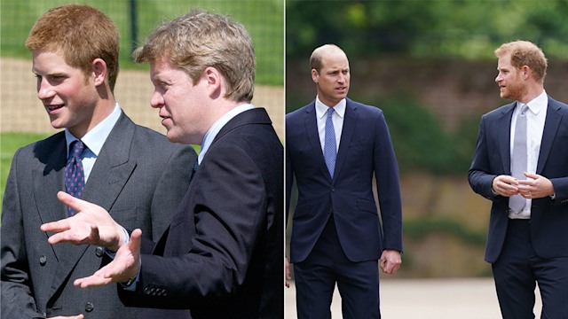 A split image of Charles Spencer Prince Harry and Prince Harry and William