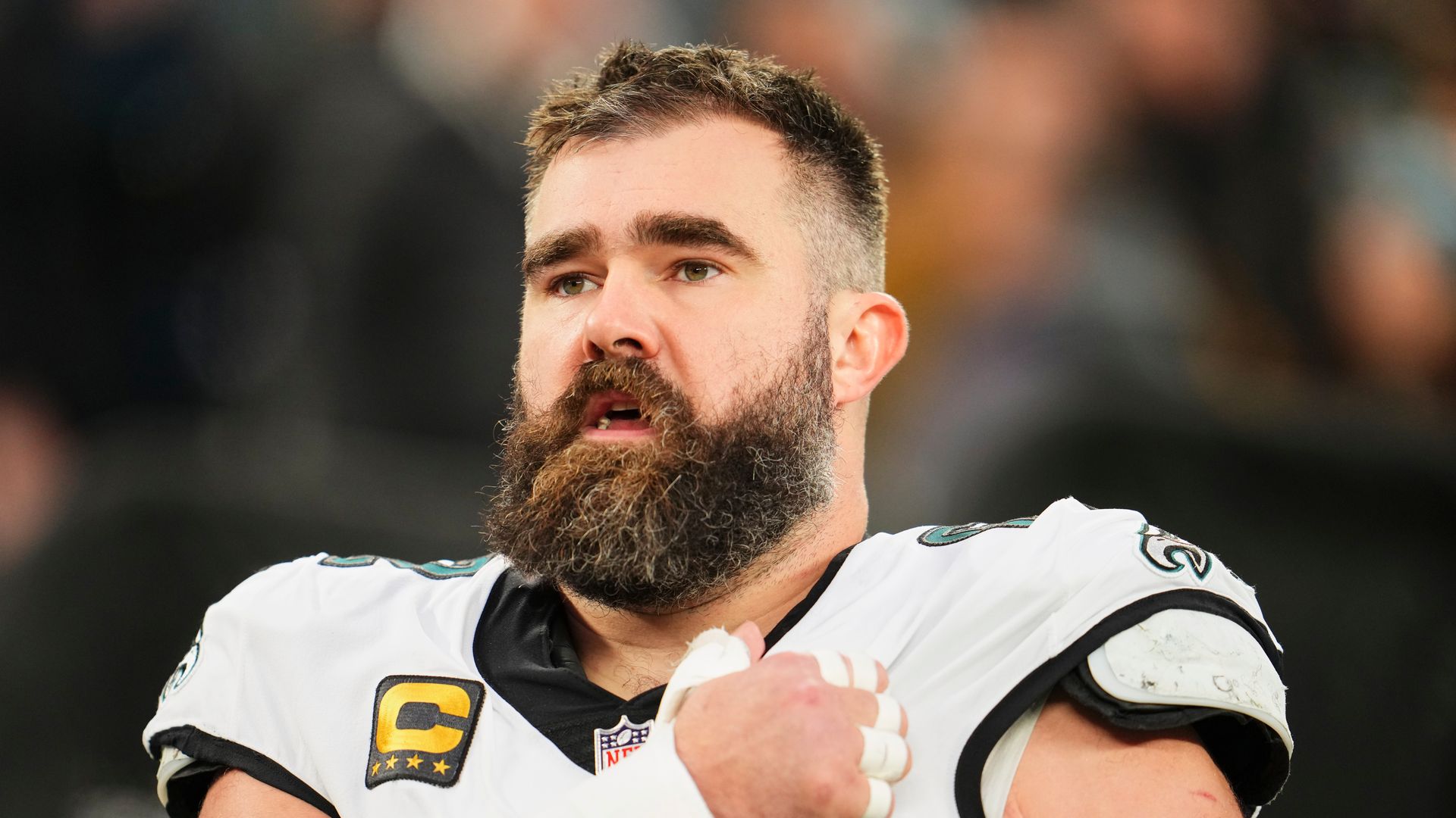 Jason Kelce #62 of the Philadelphia Eagles looks on before kickoff against the New York Giants at MetLife Stadium on January 7, 2024 in East Rutherford, New Jersey