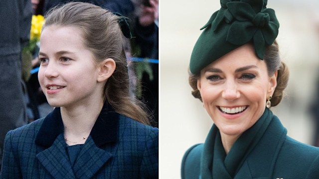 young girl in navy suit and woman in green jacket and hat