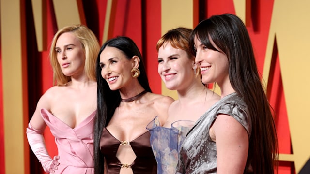 Rumer Willis, Demi Moore,  Tallulah Willis, and Scout LaRue Willis attend the 2024 Vanity Fair Oscar Party Hosted By Radhika Jones at Wallis Annenberg Center for the Performing Arts on March 10, 2024 in Beverly Hills, California