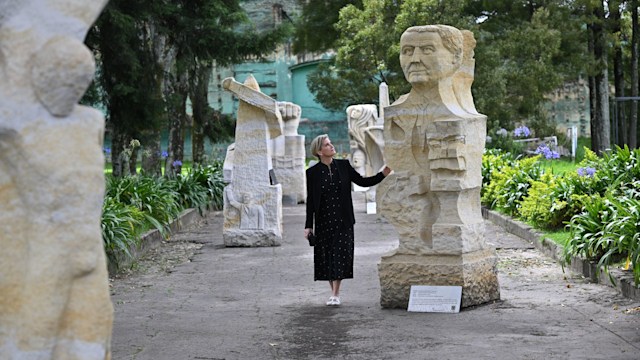 Sophie Duchess of Edinburgh walks through sculpture garden in Colombia