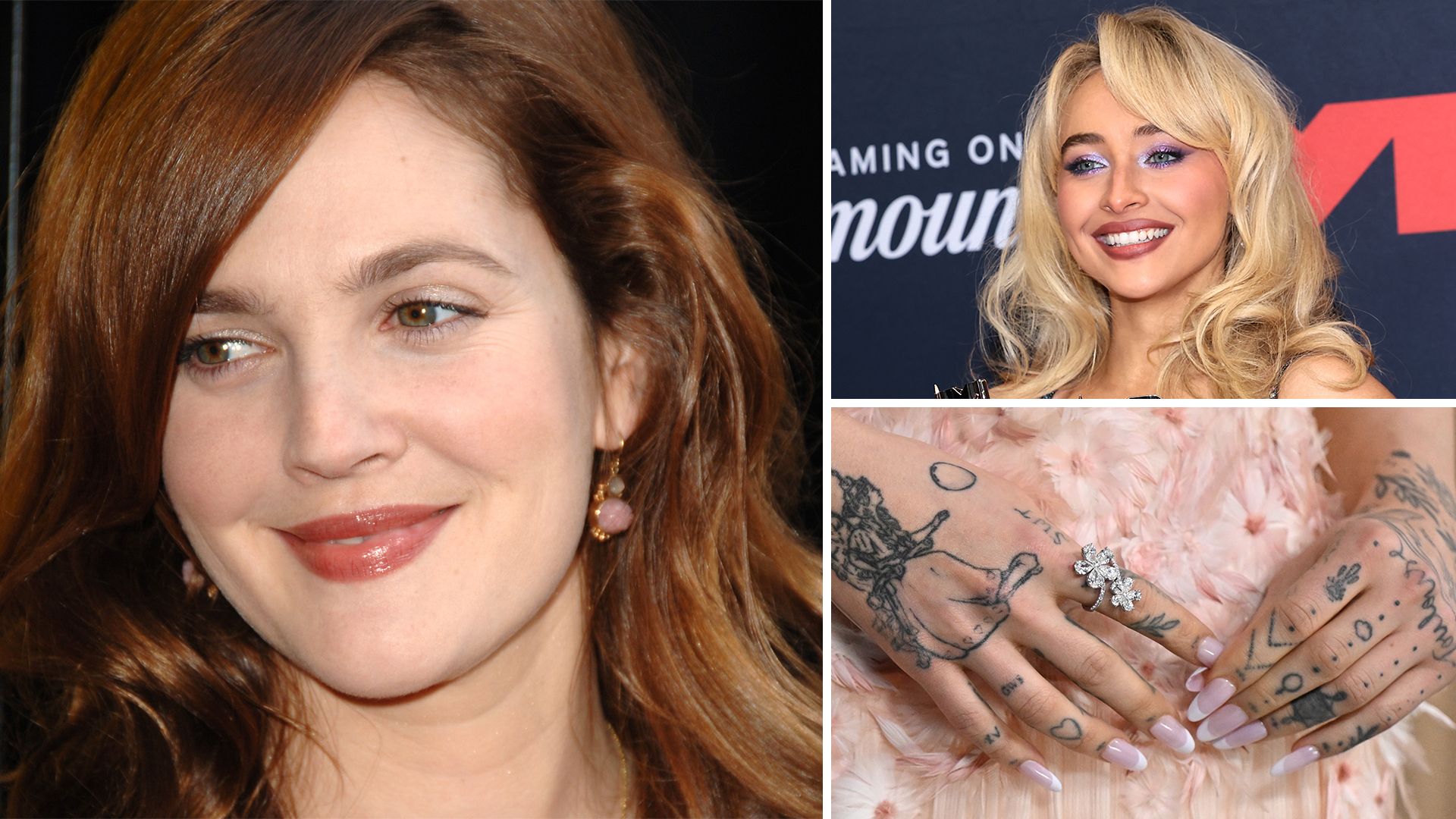 collage of Sabrina Carpenter, Drew Barrymore and Ariana Grande's nails