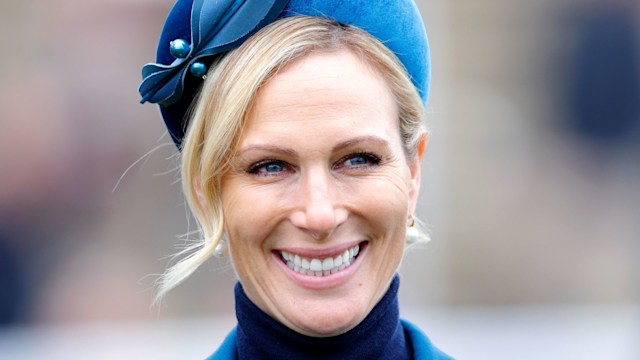 Zara Tindall wearing blue attends day 4 'Gold Cup Day' of the Cheltenham Festival at Cheltenham Racecourse on March 14, 2025 in London, England.