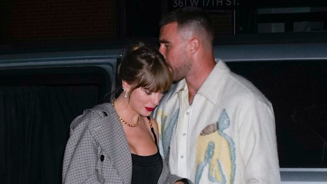 Travis Kelce and Taylor Swift arrive at SNL Afterparty on October 15, 2023 in New York City.