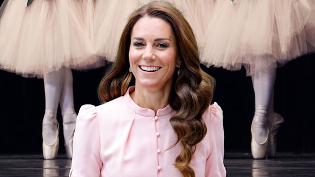Princess Kate in pink dress with ballerina backdrop
