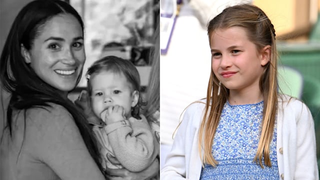 meghan markle holding Princess Lilibet beside photo of Princess Charlotte in floral dress 