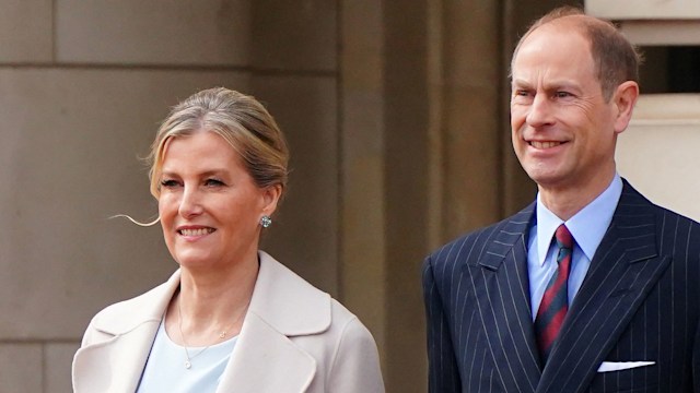 Britain's Prince Edward, Duke of Edinburgh and Britain's Sophie, Duchess of Edinburgh react as members of France's Gendarmerie Garde Republicaine take part in a special Changing of the Guard ceremony 