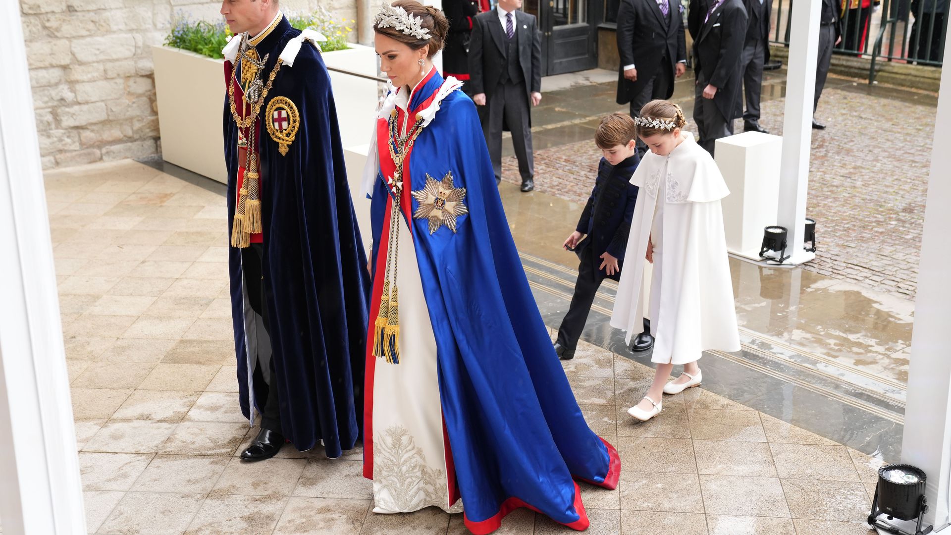 Catherine, Princess of Wales arrives ahead of the Coronation of King Charles III and Queen Camilla on May 6, 2023 in Alexander McQueen gown