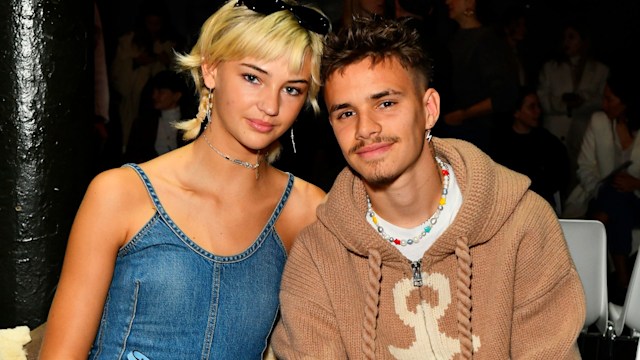 LONDON, ENGLAND - FEBRUARY 19: Mia Regan and Romeo Beckham attend the JW Anderson front row during London Fashion Week February 2023 at The Roundhouse on February 19, 2023 in London, England. (Photo by Jed Cullen/Dave Benett/Getty Images)