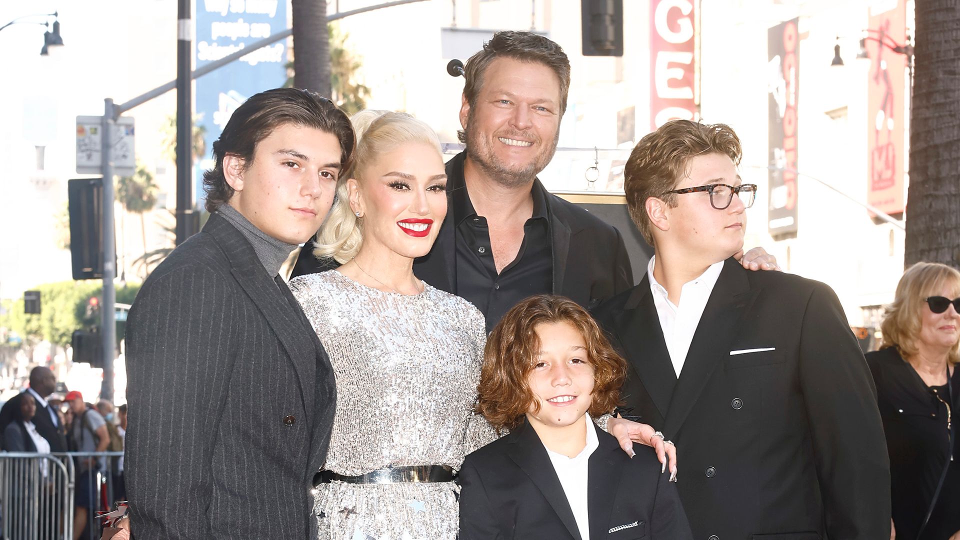 Kingston Rossdale, Gwen Stefani, Apollo Rossdale, Blake Shelton and Zuma Rossdale attend the Hollywood Walk of Fame Star Ceremony Honoring Gwen Stefani on October 19, 2023 in Hollywood, California