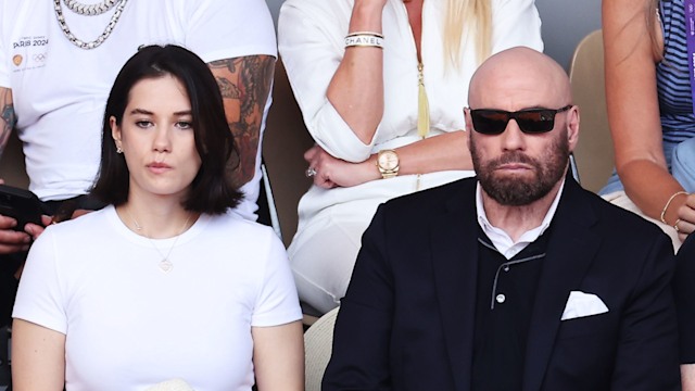 Ella Bleu Travolta and John Travolta attend the Men's Singles Gold medal match between Carlos Alcaraz of Team Spain and Novak Djokovic of Team Serbia on day nine of the Olympic Games Paris 2024 