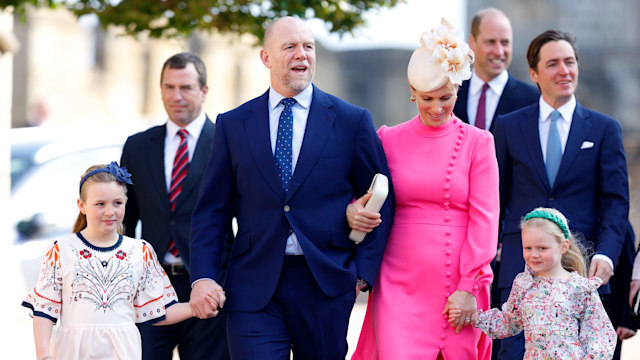 Mia Tindall, Mike Tindall, Zara Tindall and Lena Tindall attend the traditional Easter Sunday Mattins Service at St George's Chapel, Windsor Castle on April 9, 2023 in Windsor, England