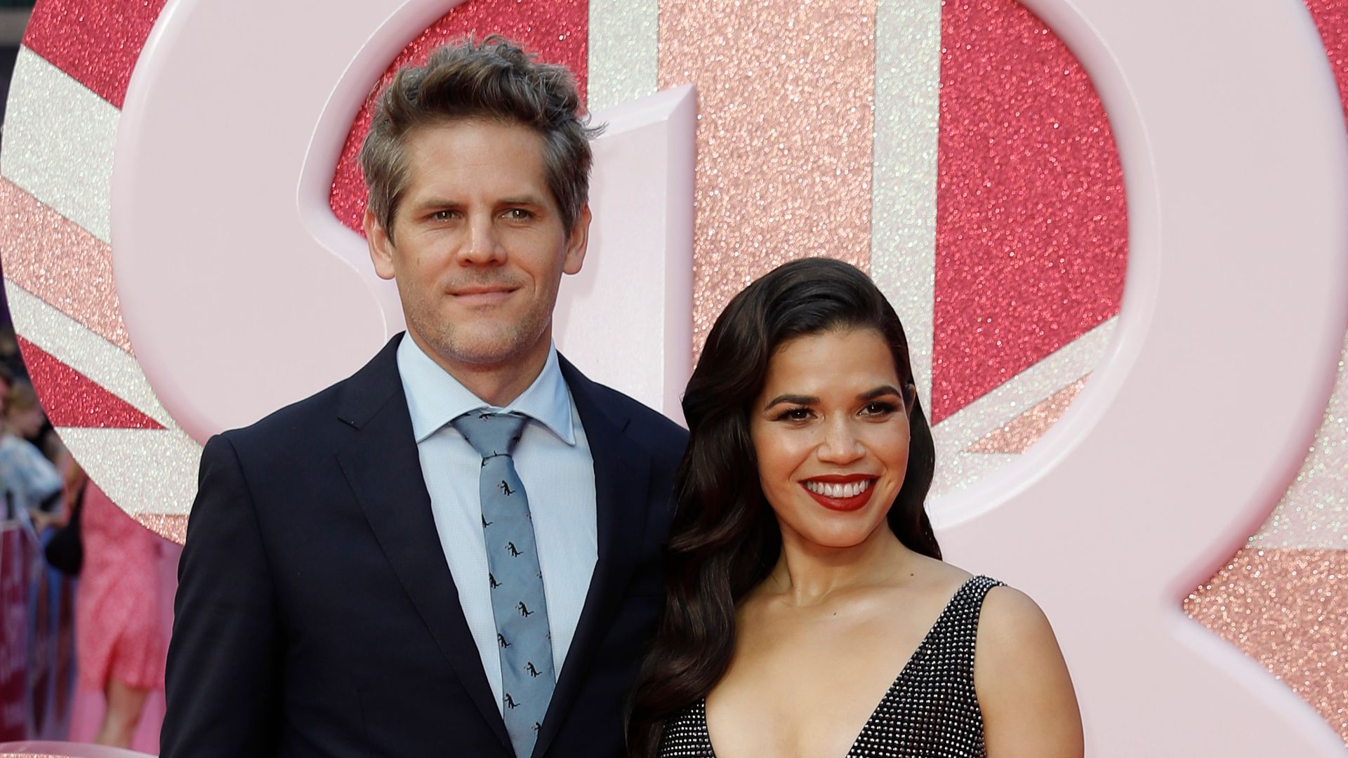 Ryan Piers Williams and America Ferrera attend The European Premiere Of "Barbie" at Cineworld Leicester Square on July 12, 2023 in London, England