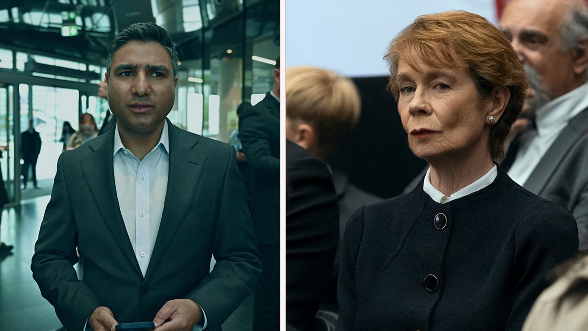 man in suit, woman in black coat