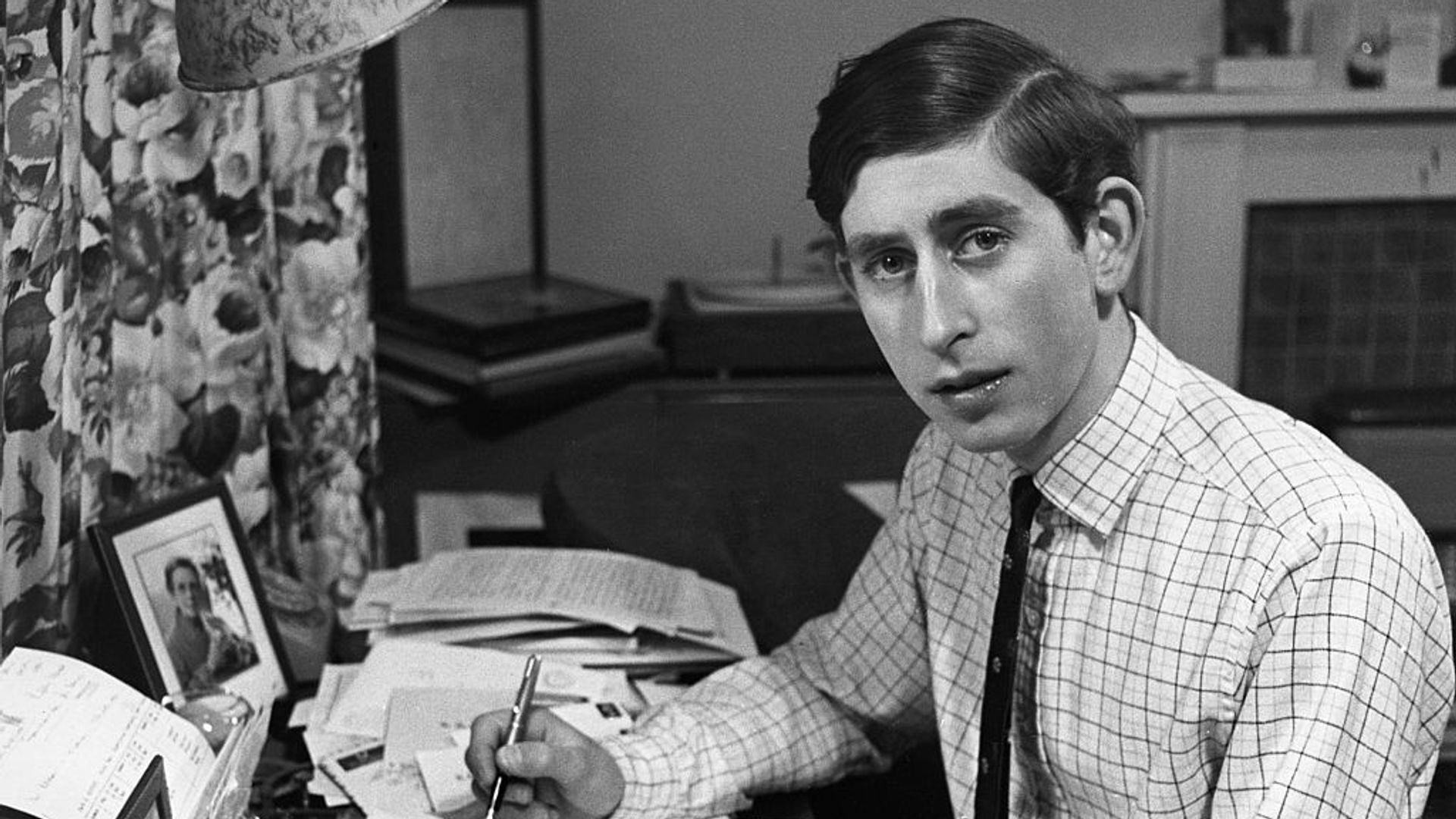 Prince Charles at work in his room whilst an undergraduate at Trinity College, Cambridge.