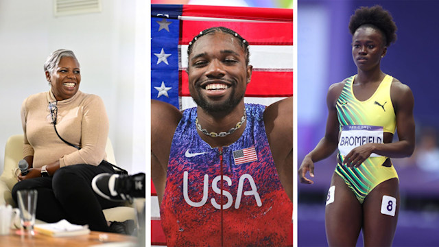 Left: Noah's mom, Middle: Noah Lyles Right: Noah's girlfriend Junelle Bromfield